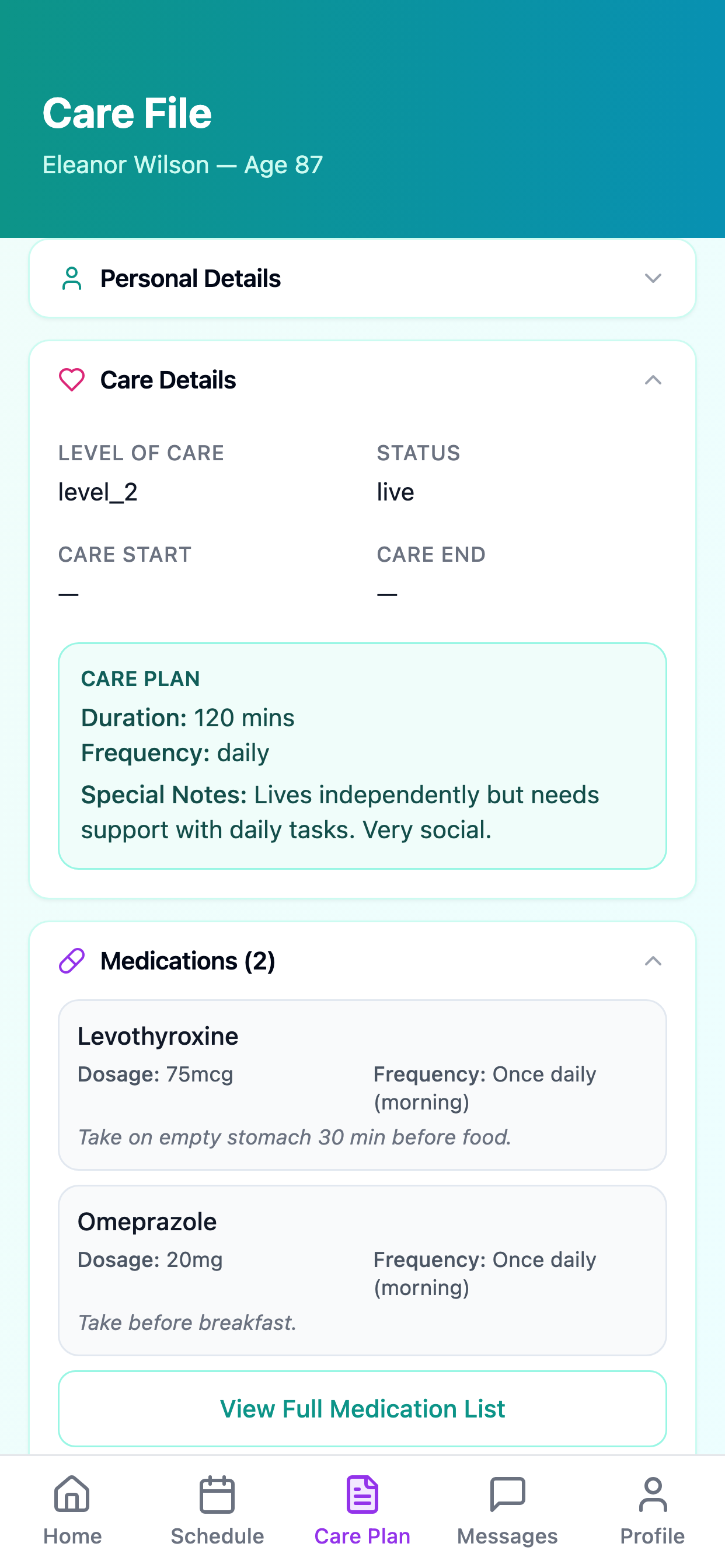 Family portal — today's care timeline